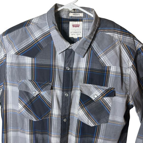 Levis Western Pearl Snap Gray  Plaid Long Sleeve L Regular Fit‎ Shirt - Picture 2 of 5
